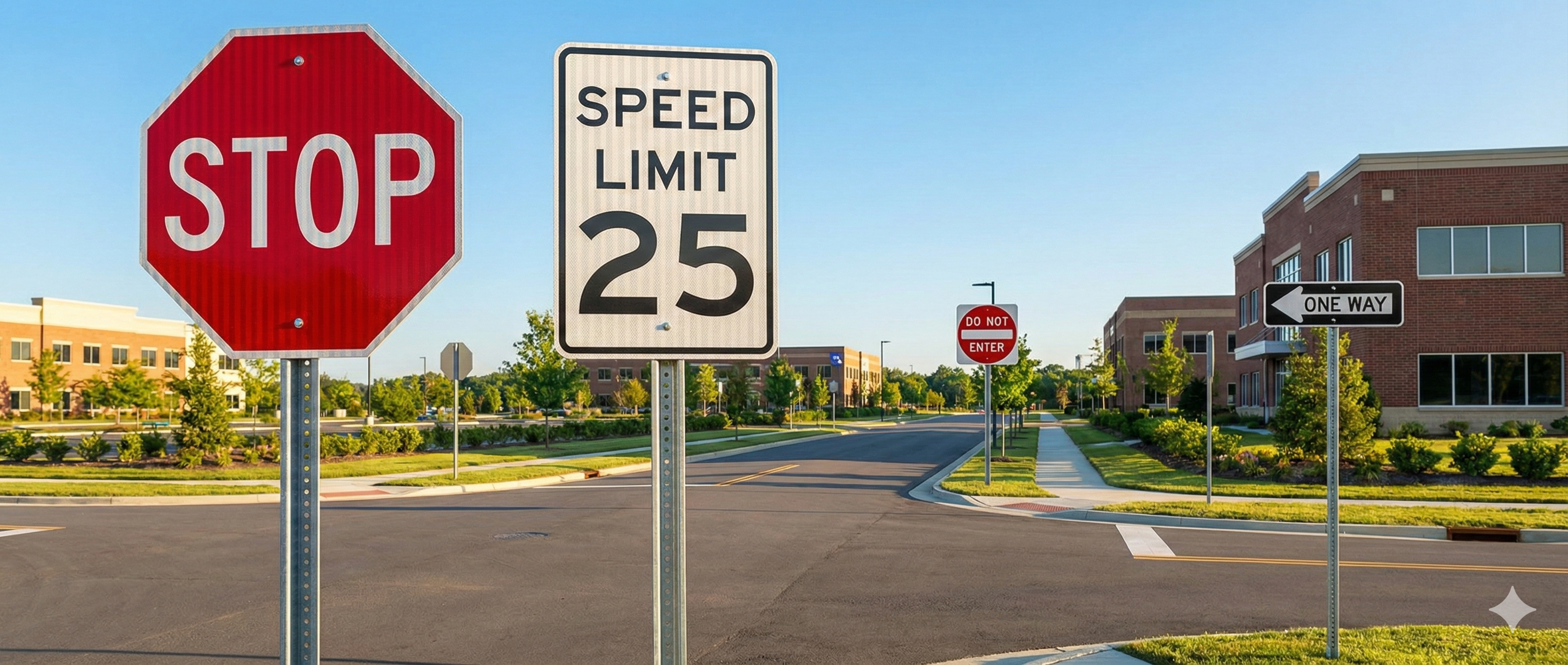 Collection of Federal MUTCD regulatory traffic signs including Stop, Speed Limit 25, Do Not Enter, and One Way installed on galvanized U-channel posts.
